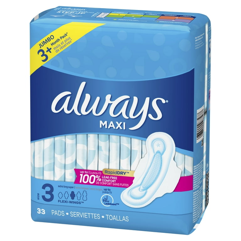 Always Maxi Pads with Wings, Size 3, Extra Long Super Absorbency, 33 CT 