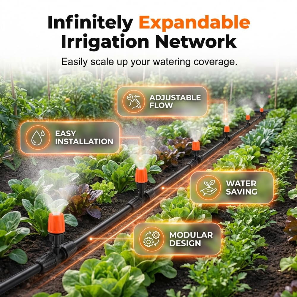 Drip Irrigation Kit, 33FT Plant Watering System, 5/16 inch Drip Line Irrigation with Adjustable Emitters, 360 Flexible Hose, 2026 Upgrade for Greenhouse Vegetable Garden Yard(33FT/8mm ID)Q