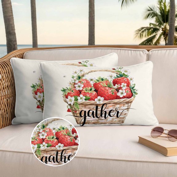 Summer Fruit Outdoor Waterproof Throw Pillow Covers Set of 2, 20"x12", Watercolor Red Strawberry Floral Decorative Pillow Covers Outside Cushion Case for Patio Porch Garden
