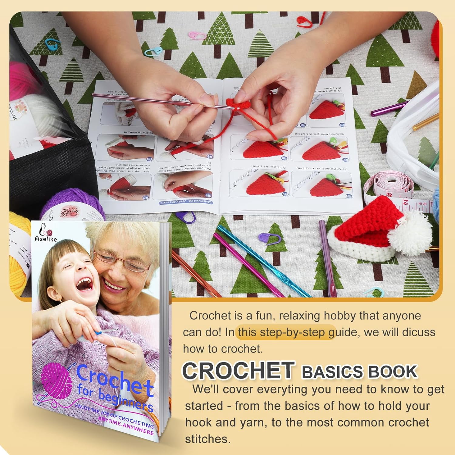 Mikhai Crochet Kit for Beginners with Yarn and Introduction Book, Crochet Starter Kit Everything for Ages 8-12, Learn to Crochet Kit with Ergonomic Soft Grip Crochet Hooks and Blue Flower Bag