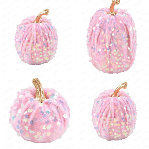 Artificial Glitter Pumpkins Halloween Decorations, Velour Sparkling Pink Fake Pumpkin Ornament with Sequins, Realistic Foam Pumpkin with Wood Stem for Tabletop Shelf Mantel Fall Home Decor