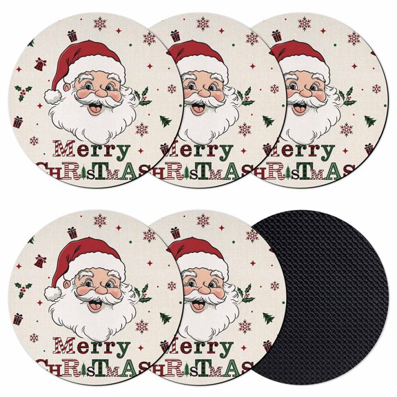 Christmas Santa Coasters Set of 6, Absorbent Coasters for Drinks, Winter Xmas Snowflakes Tree on Linen Coaster for Desk Coffee Table Protection, Home Decor House Warming Gifts 4"