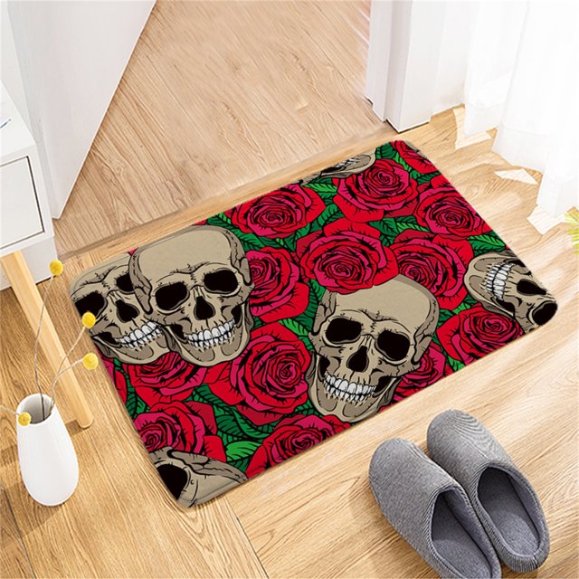 Alfombrilla de puerta con estampado de franela de calavera de Halloween, alfombrilla antideslizante absorbente para baño Wmkox8yii HFSH5498