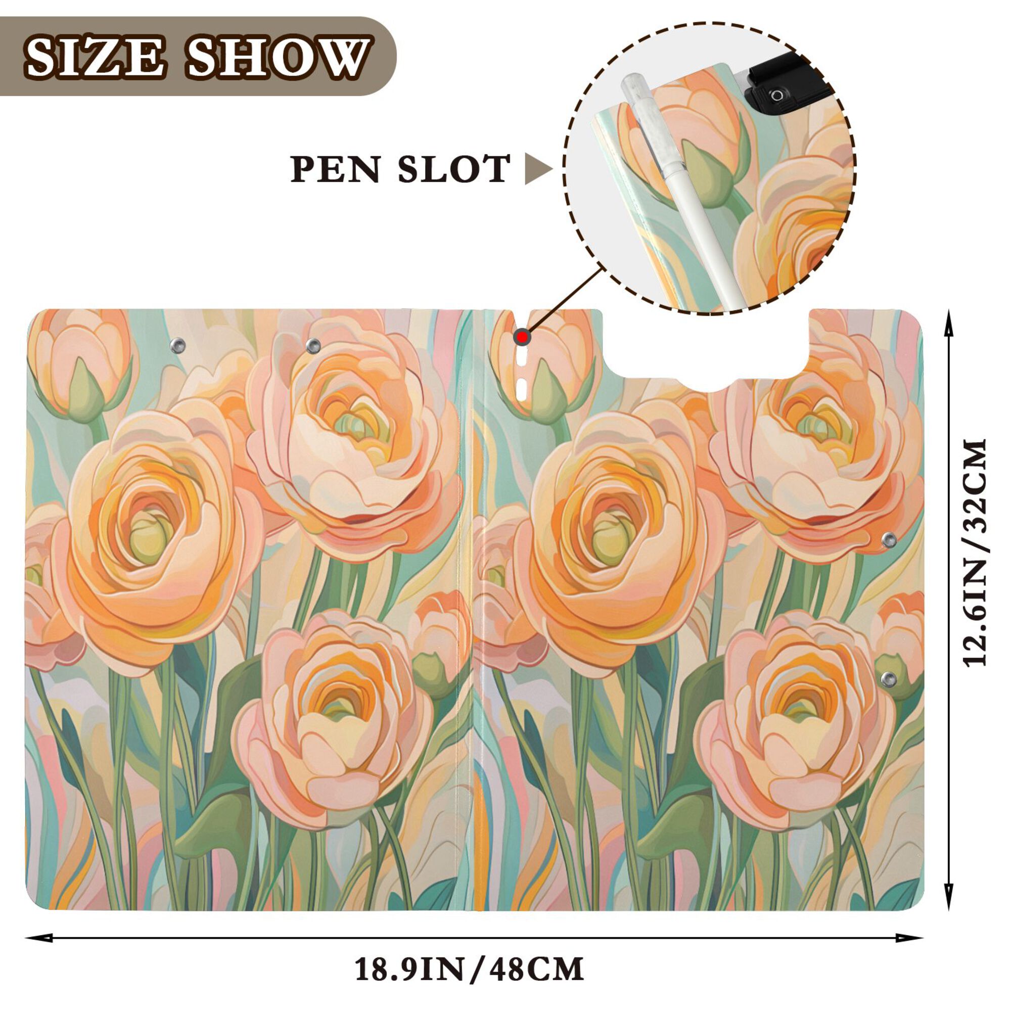 FORMRS A4 Clipboard Folder with Pen Holder Horizontal Foldable School Office Binder, Abstract Floral Art