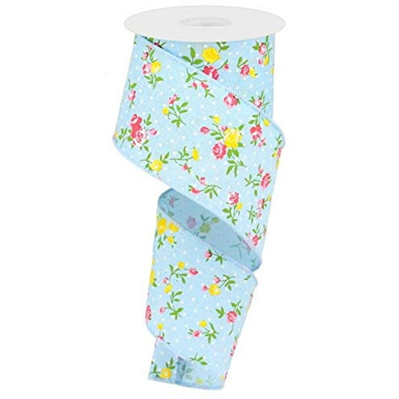 Vintage Floral with Polka Dots on Royal Canvas Wired Edge Ribbon - 10 Yards (Pink, Blue, Yellow, 2.5")
