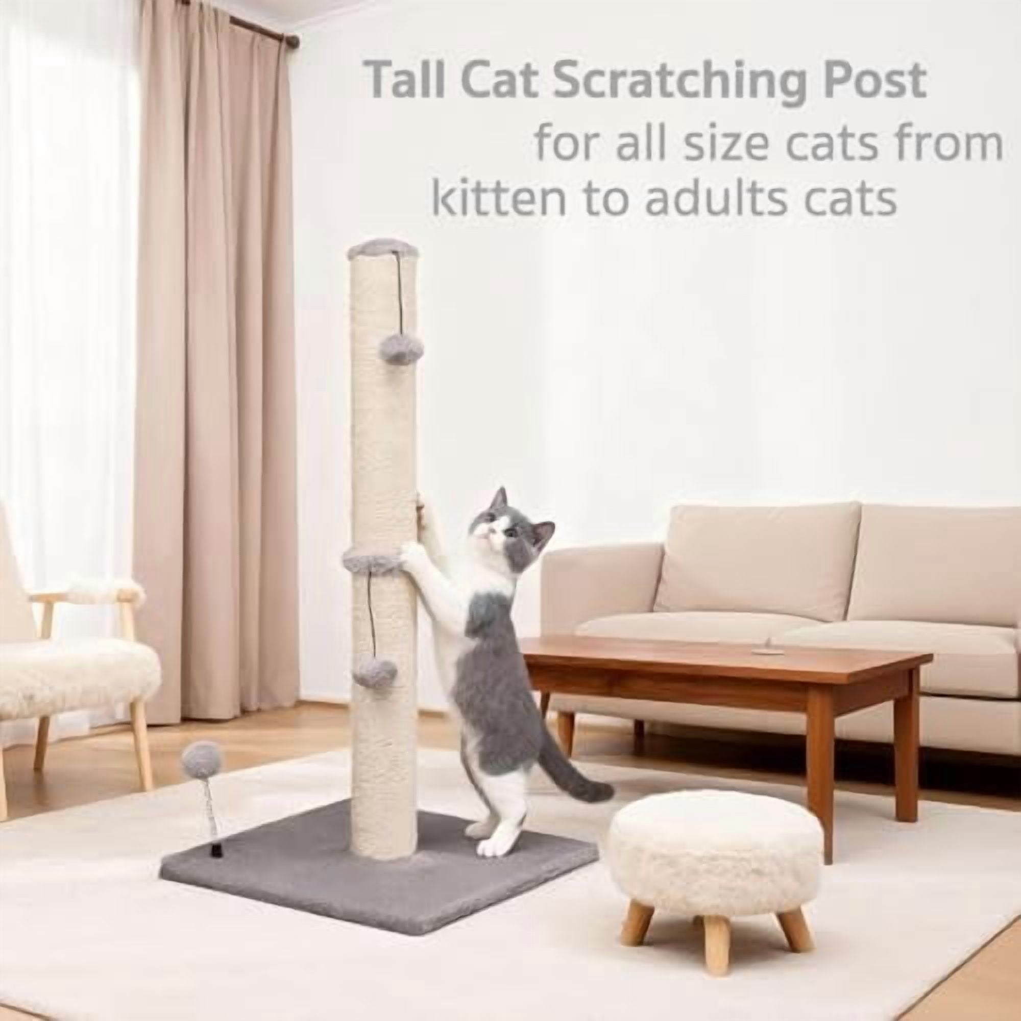 34“ Tall Cat Scratching Post Premium Basics Kitten Scratcher Sisal Scratch Posts Trees with Hanging Ball for Indoor Cats, Gray