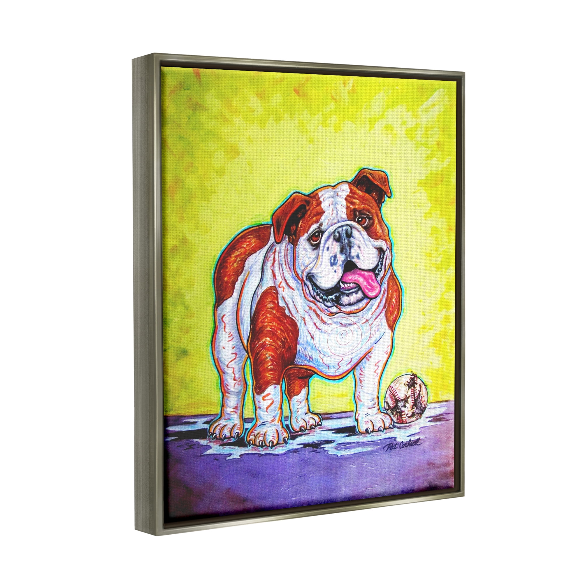 Stupell Industries Bulldog with Baseball Animals & Insects Painting Gray Floater Framed Art Print Wall Art, 17 x 21