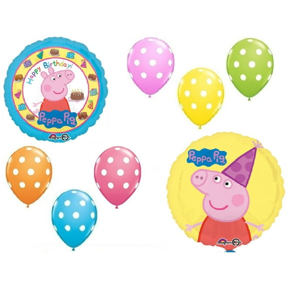 DalvayDelights Peppa The Pig 8 Piece Happy Birthday Party Mylar & Polka Dots Latex Balloons Decoration Set
