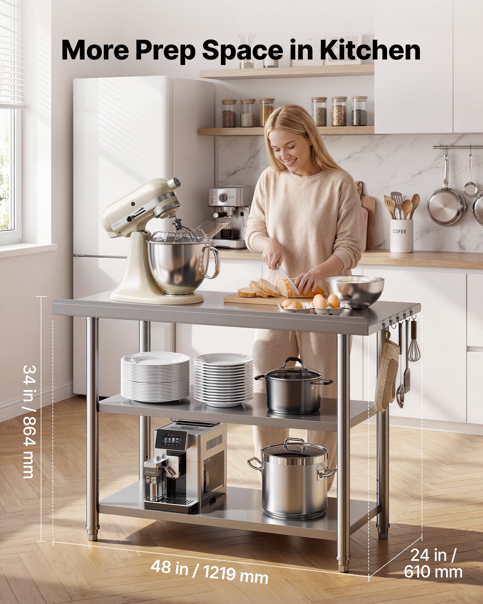 VEVOR Stainless Steel Work Table, 24x48 Inch Food Prep Table with 2 Shelves and Backsplash, Commercial Kitchen Workstation, Metal Heavy Duty Utility Worktable, for Restaurant Home Hotel Garage