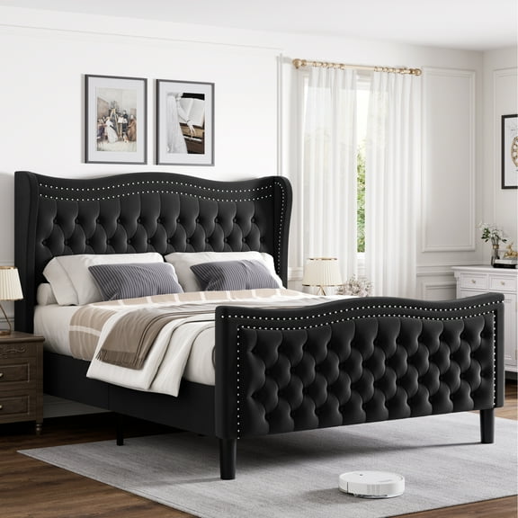Gewnee Full Bed Frame with 52'' Tall Headboard Velvet Upholstered Bed Frame,Double Nail & Wingback Design Platform Bed Frame.Black