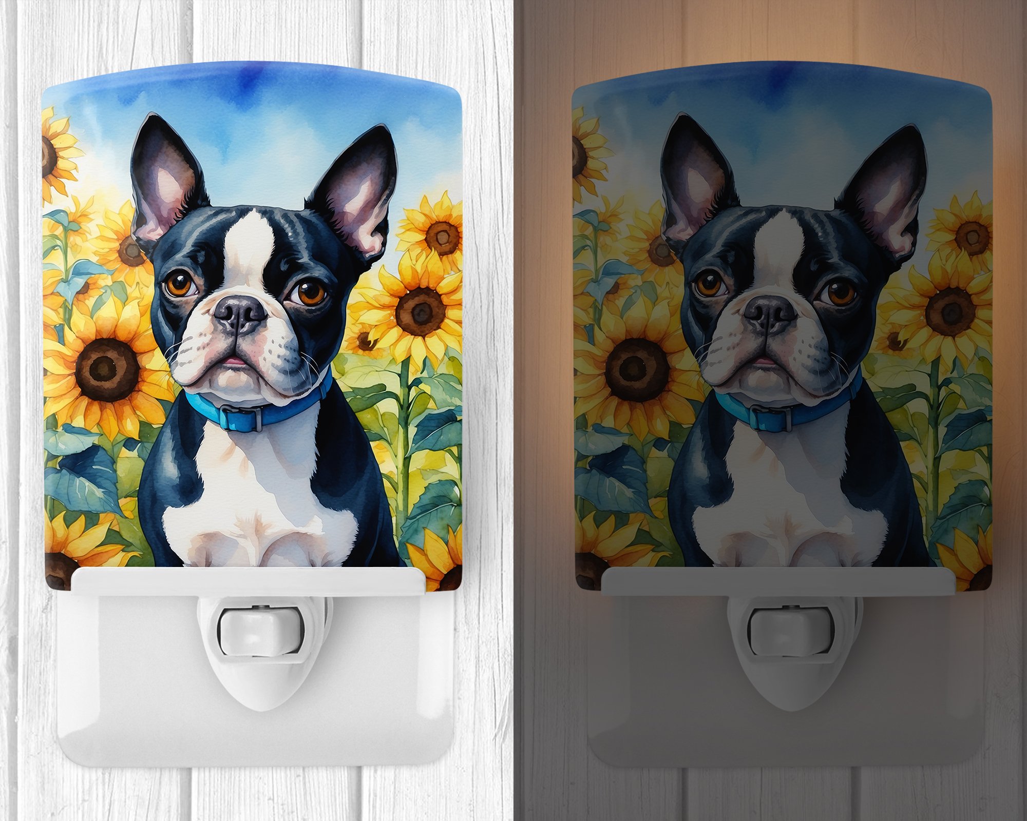 Boston Terrier in Sunflowers Ceramic Night Light 4 in x 6 in
