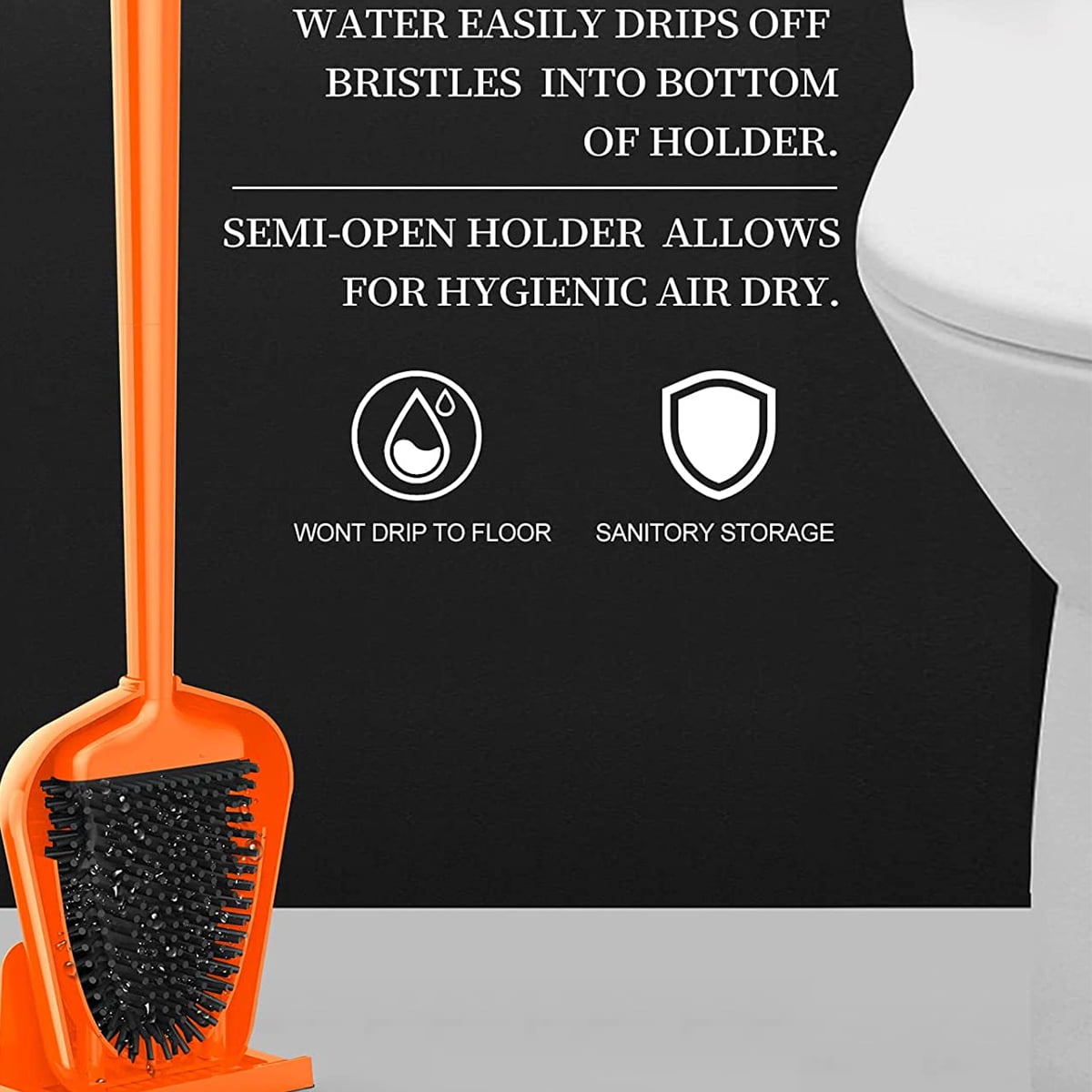 Bathroom Toilet Brush and Holder Set, Toilet Bowl Cleaner Bendable Tongue-shaped Silicone Brush Head Anti Splash Bristles, Self Closing Quick Drying Holder in Orange