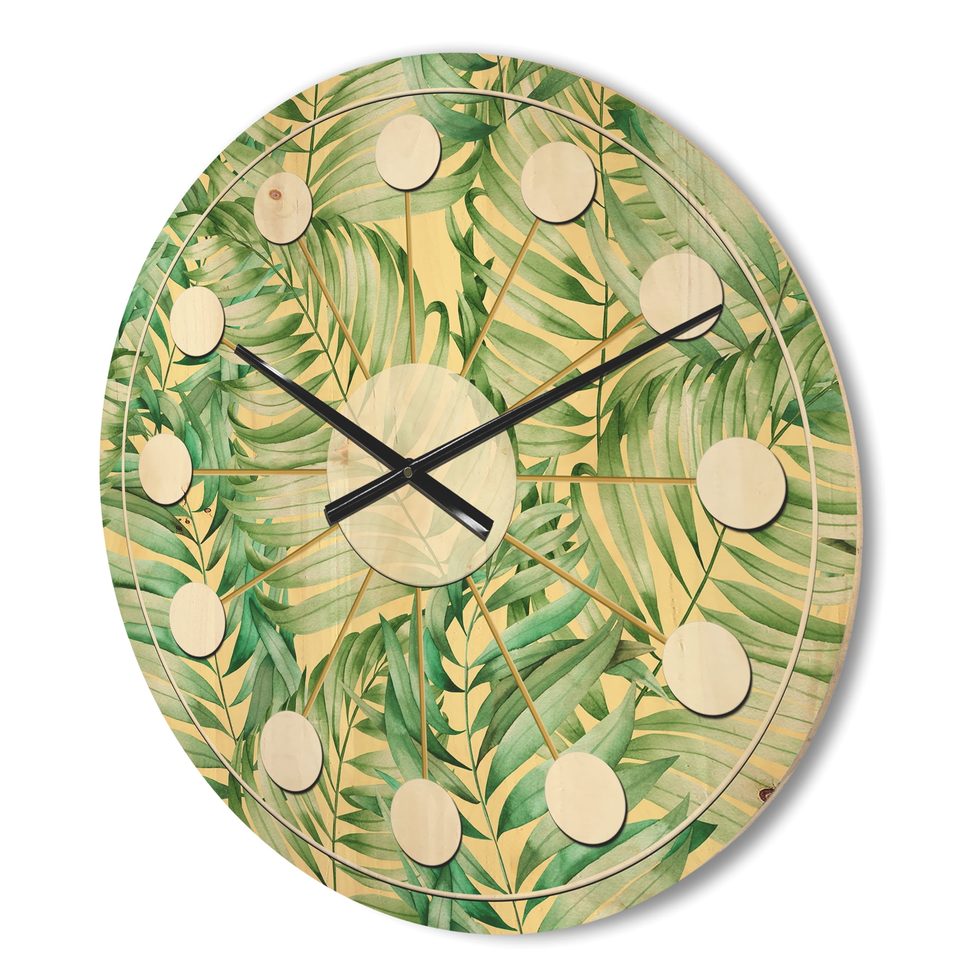 Designart 'Retro Tropical Foliage I' Mid-Century Modern Wood Wall Clock