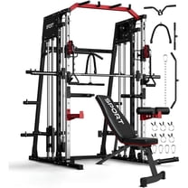GARVEE Smith Machines Home Gym with Bench,200lbs Squat Rack Power Cage with Smith Bar,LAT Pull-Down,Cable Systems,Leg Hold-Down and More Attachments,Red & Black