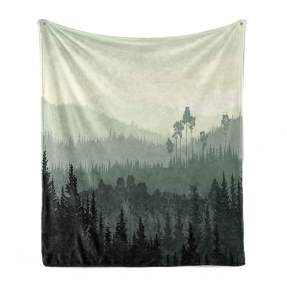 Forest Soft Flannel Fleece Throw Blanket, Panorama of a Valley and Mystic Forest of Pine Trees Natureme, Cozy Plush for Indoor and Outdoor Use, 60" x 80", Eggshell and Sage Green, by Ambesonne