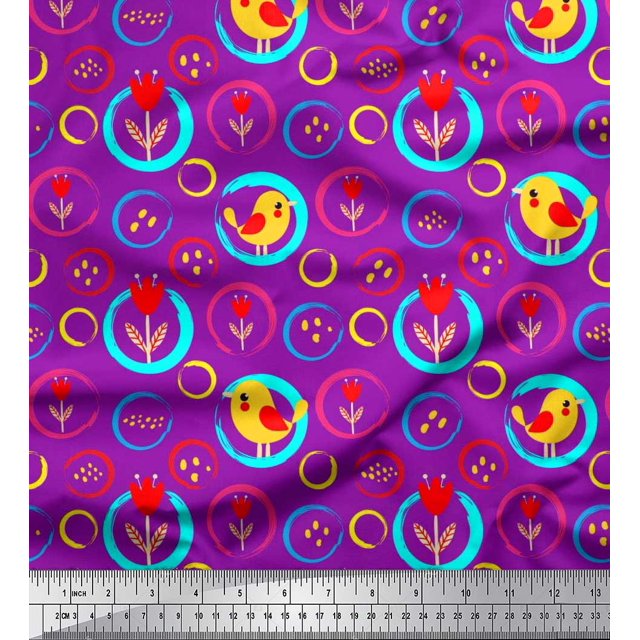 Soimoi Velvet Fabric Floral,Circle & Bird Artistic Print Fabric by The Yard 58 Inch Wide
