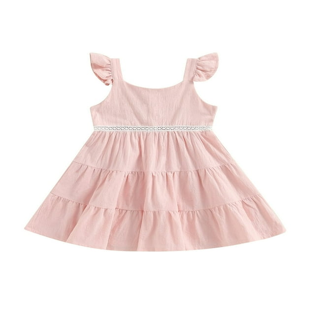 Enfants Bambin Fille Robe d'Été Mouche Manches de Couleur Unie à Plusieurs Niveaux Princesse Robe Swing A-Line Robe