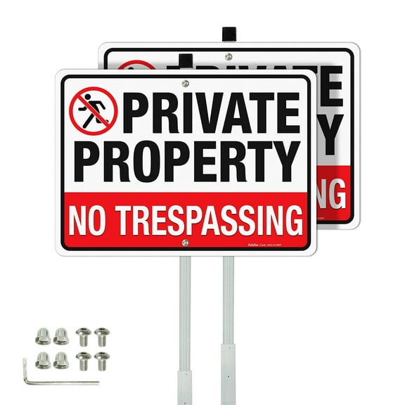 Faittoo No Trespassing Sign Private Property with 36" Stake for Outside, 2-Pack 14"x10"Reflective Rust Free Heavy Aluminum,