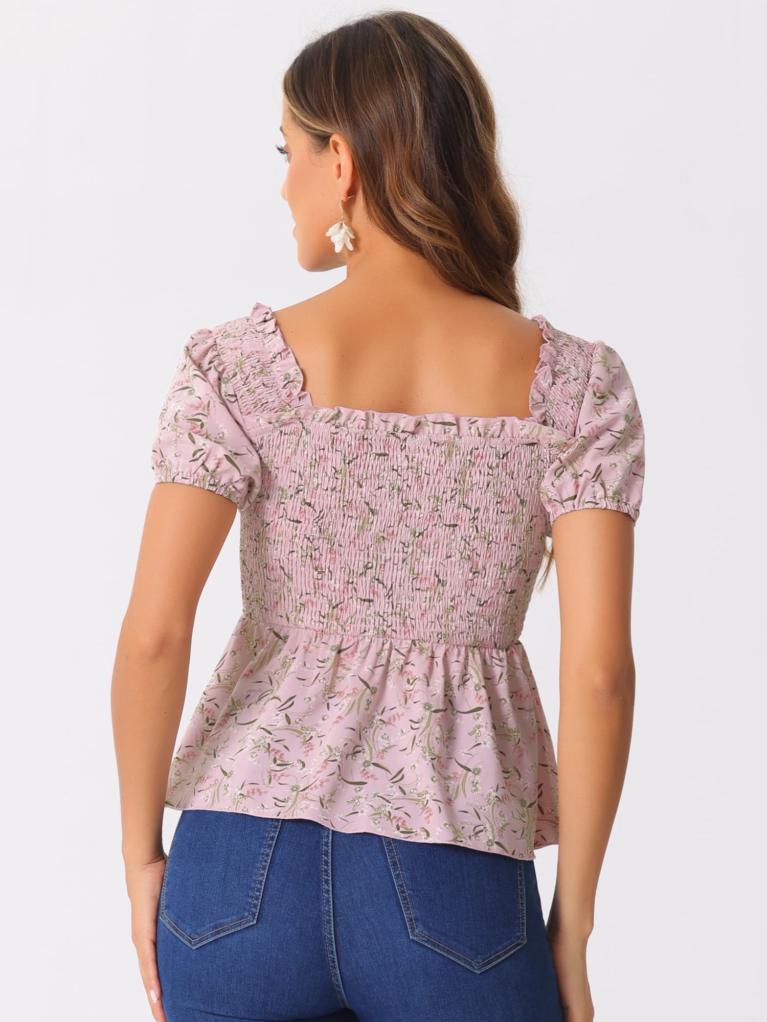 DARING DIVA Women's Puff Sleeve Floral Sweetheart Neck Ruffle Peplum Top XS Pink