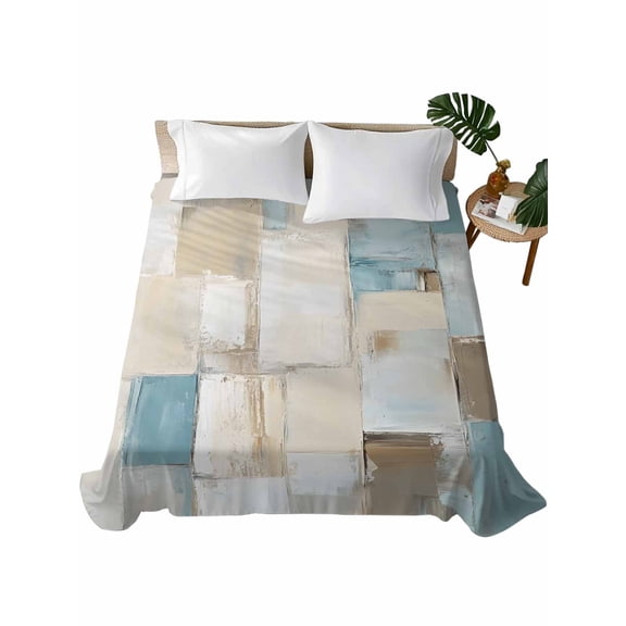 Twin Flat Sheet 66"x96", Blue Beige Soft Lightweight Bedding Flat Sheets Only, Modern Abstract Color Blocks Brushed Microfiber Top Bed Sheet, Breathable StainResistant Bedsheets