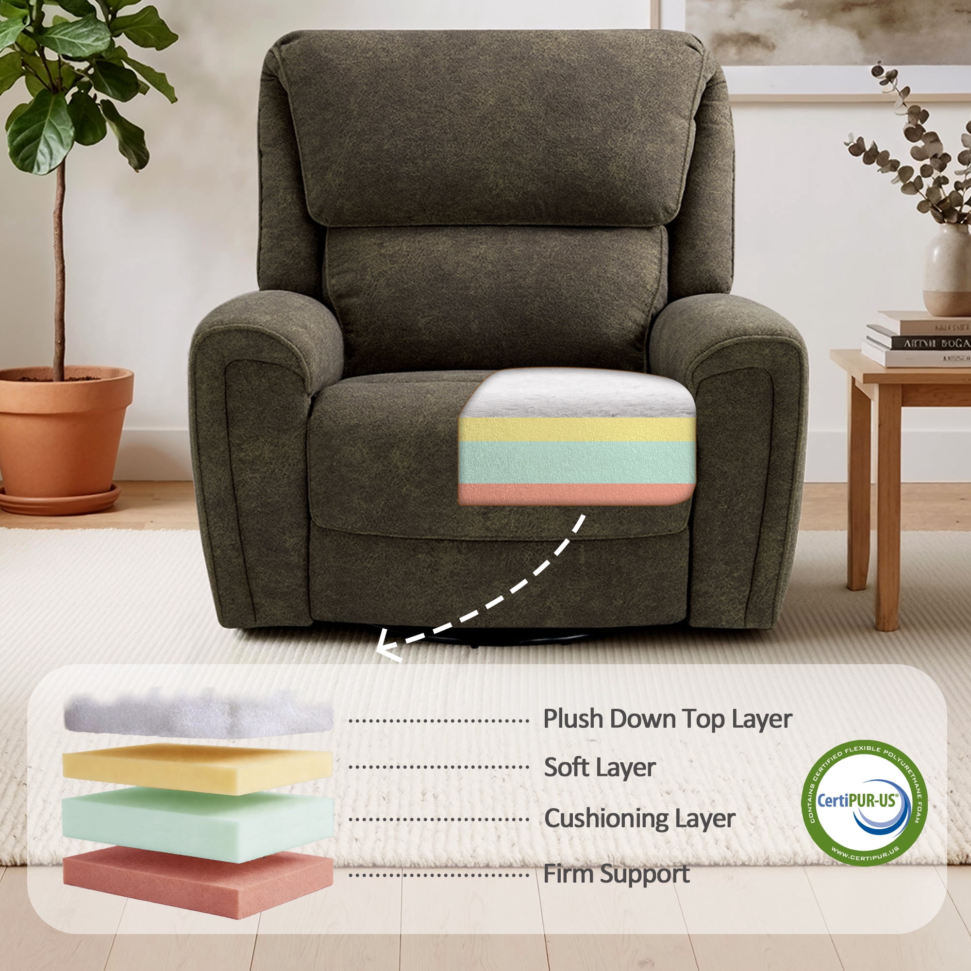 MCombo 400lbs Oversized Swivel Rocker Power Recliner Chair for Big and Tall People, Fabric, Brown