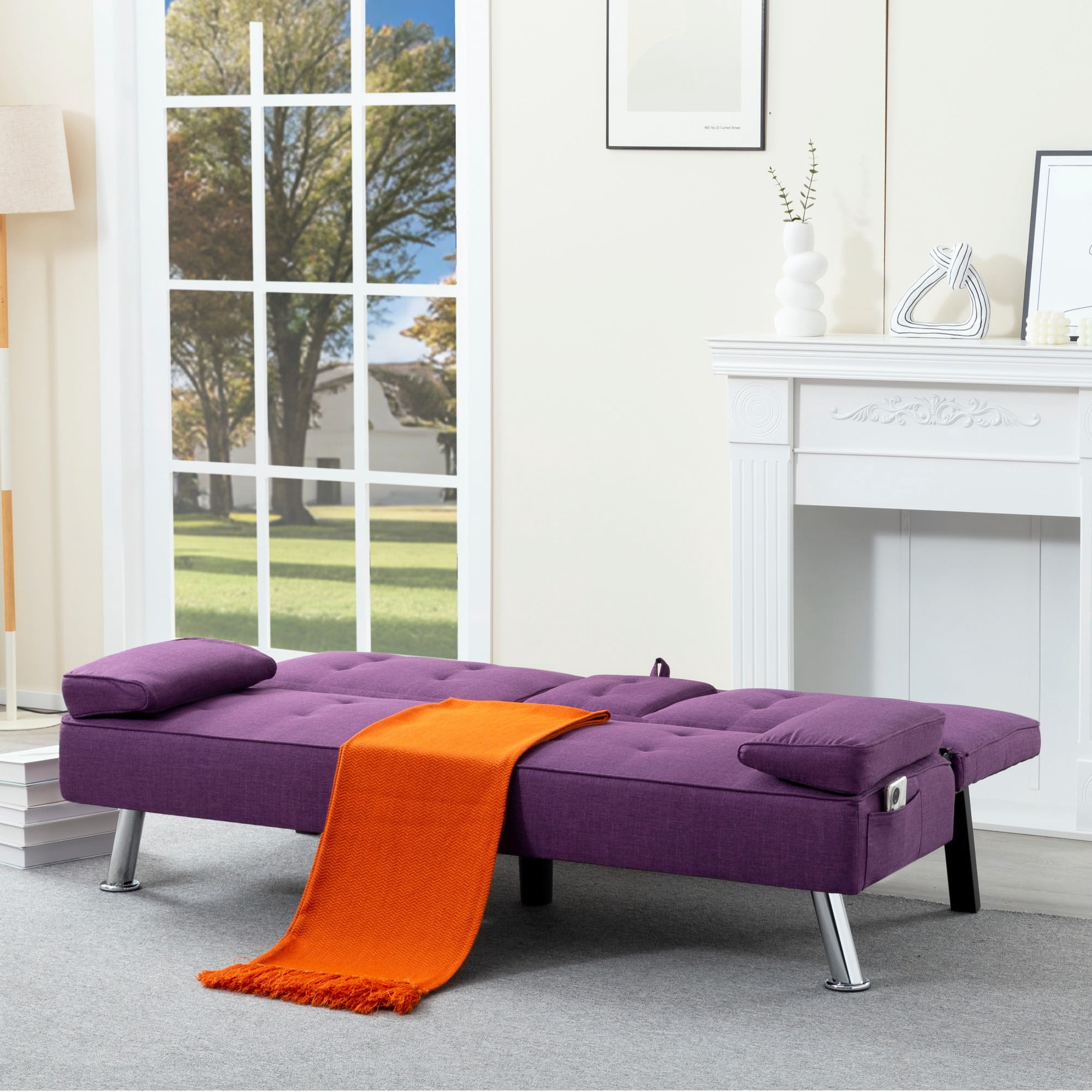 BSHTI 69.49" Fabric Convertible Futon Sofa Bed with Drop-Down Console, 2 Cup Holders, 5-Position Backrest, Side Pocket for Living Room（Purple）