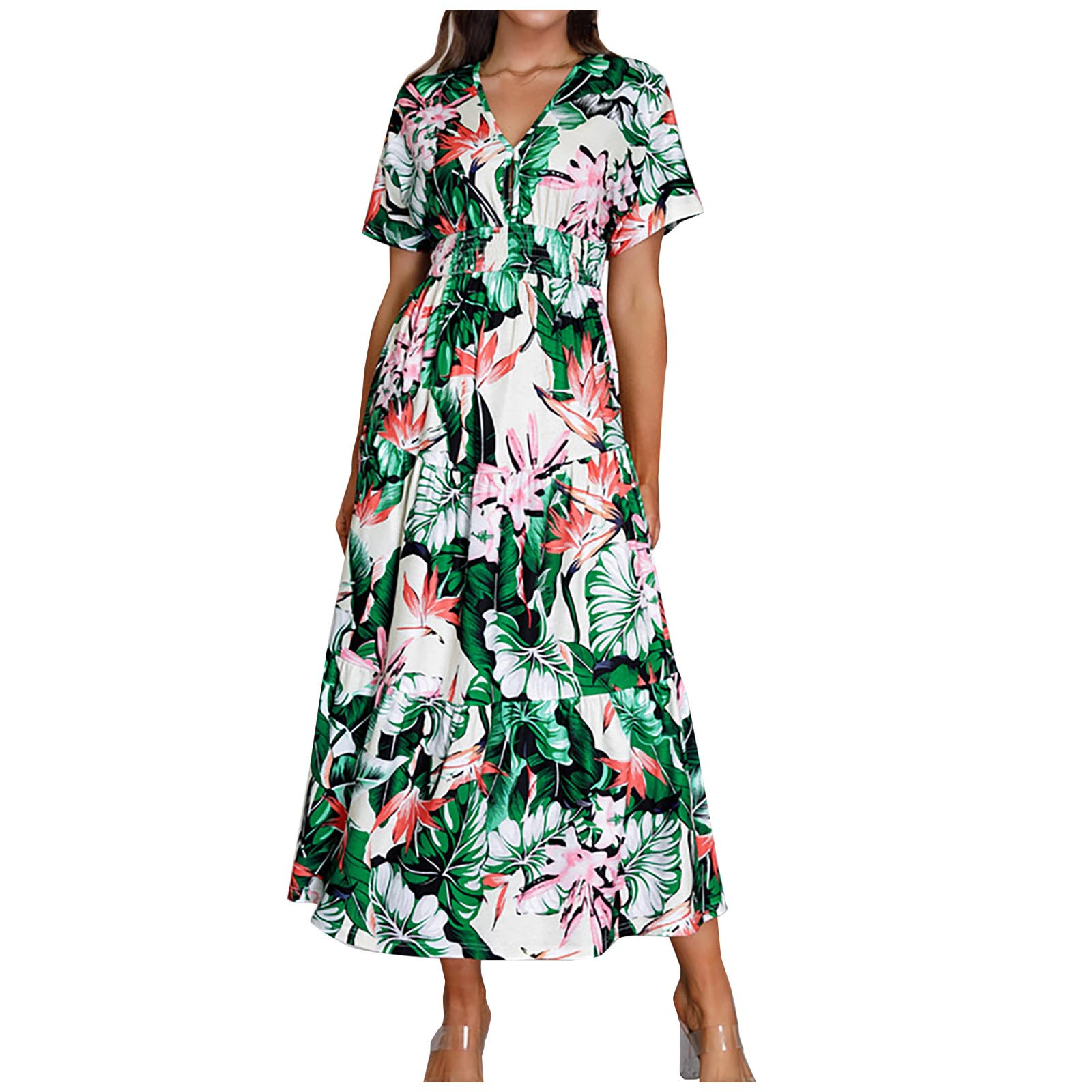 Dresses for Women 2023 Short Sleeve Printing Floral Pattern Dress V