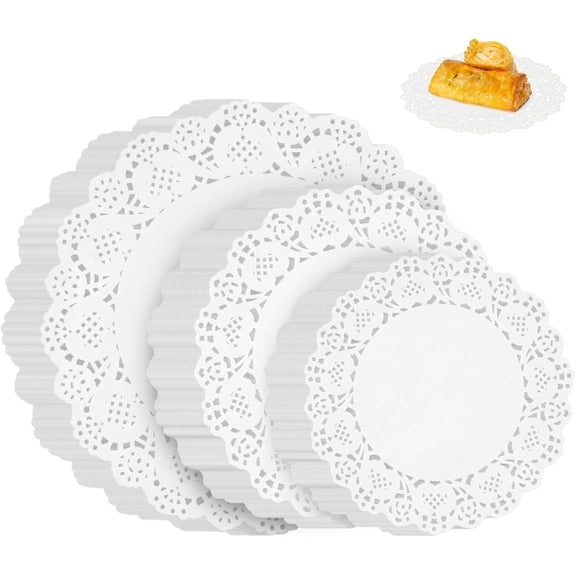 150pcs White Lace Oiled Paper 6.5, 8.5, and 10.5 inches, Used for Food, Crafts, Baby Showers, Parties, Weddings, Birthdays, and Tableware Decoration