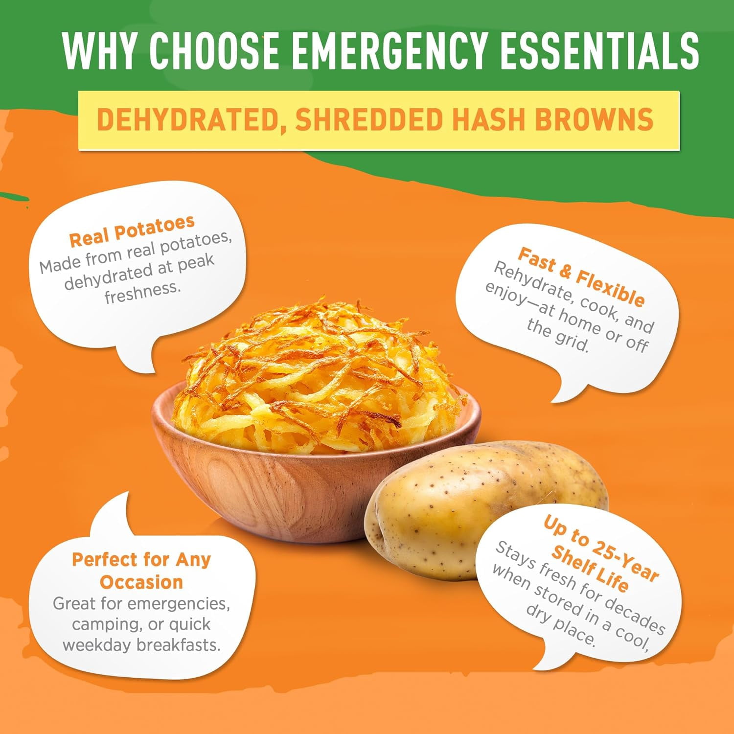 Emergency Essentials® Freeze-Dried Hash Browns – #10 Can, Long Shelf Life Breakfast Potatoes, 36 Servings, Lightweight & Shelf-Stable