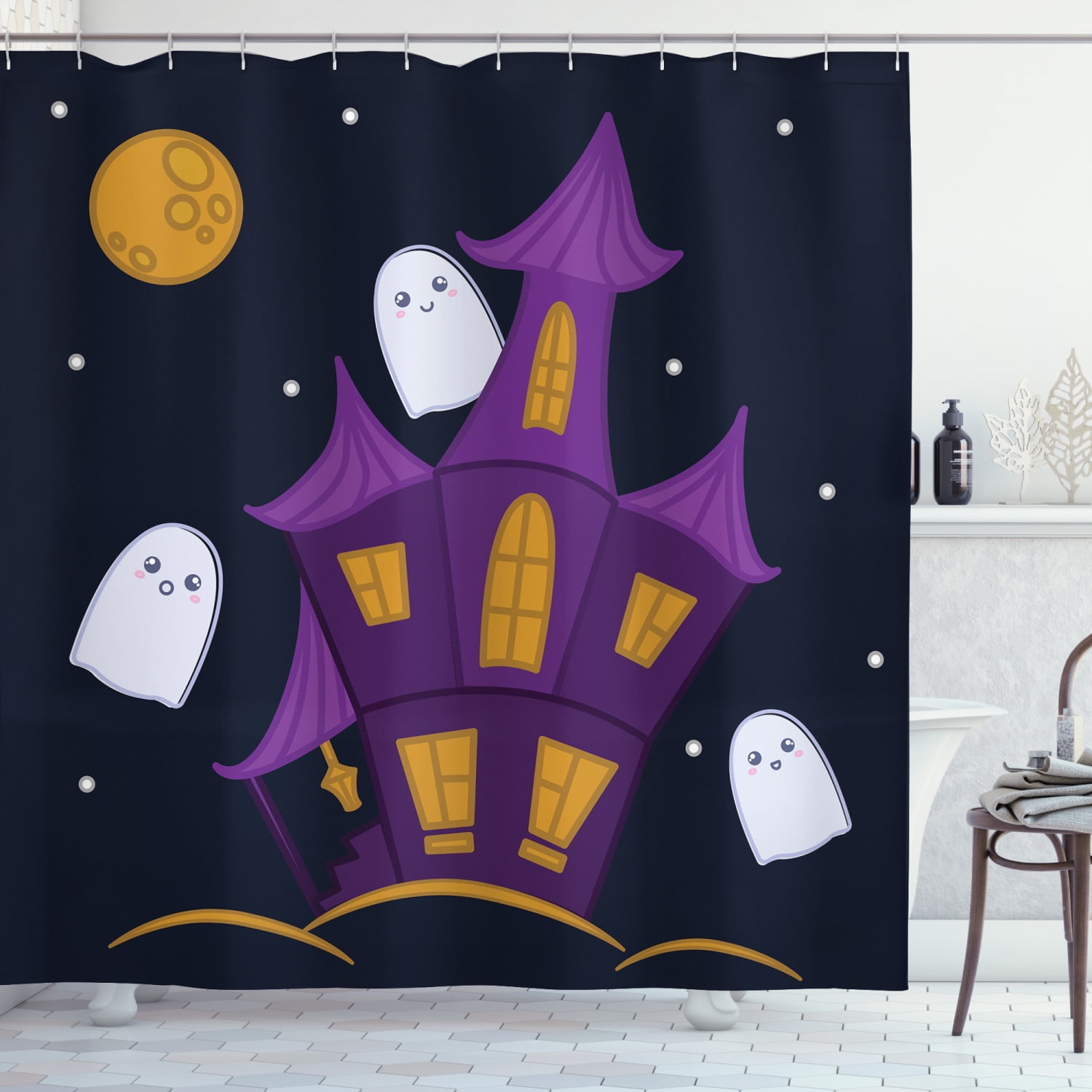 Ghost Shower Curtain, Dark Night Haunted House with Ghosts Halloween