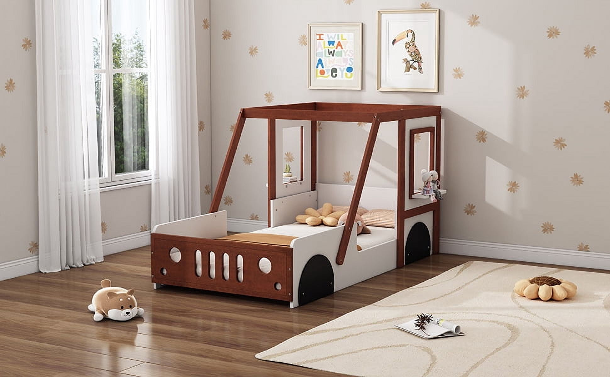 Twin Size Fun Play Car Bed in White+Orange, Solid Wood and MDF Frame, Kids Platform Bed for Boys, Girls and Teens