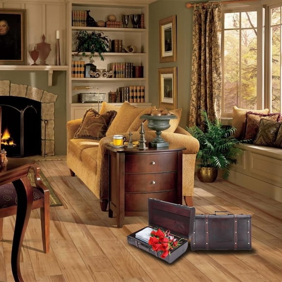 Wooden Decorative Suitcases, Antique Vintage Luggage Box Wood Chest Décor Storage Trunks Pirate Treasure Keepsake Box Photo Prop Crates with Brass Latch Hinged Lids for Gifts Travel Display