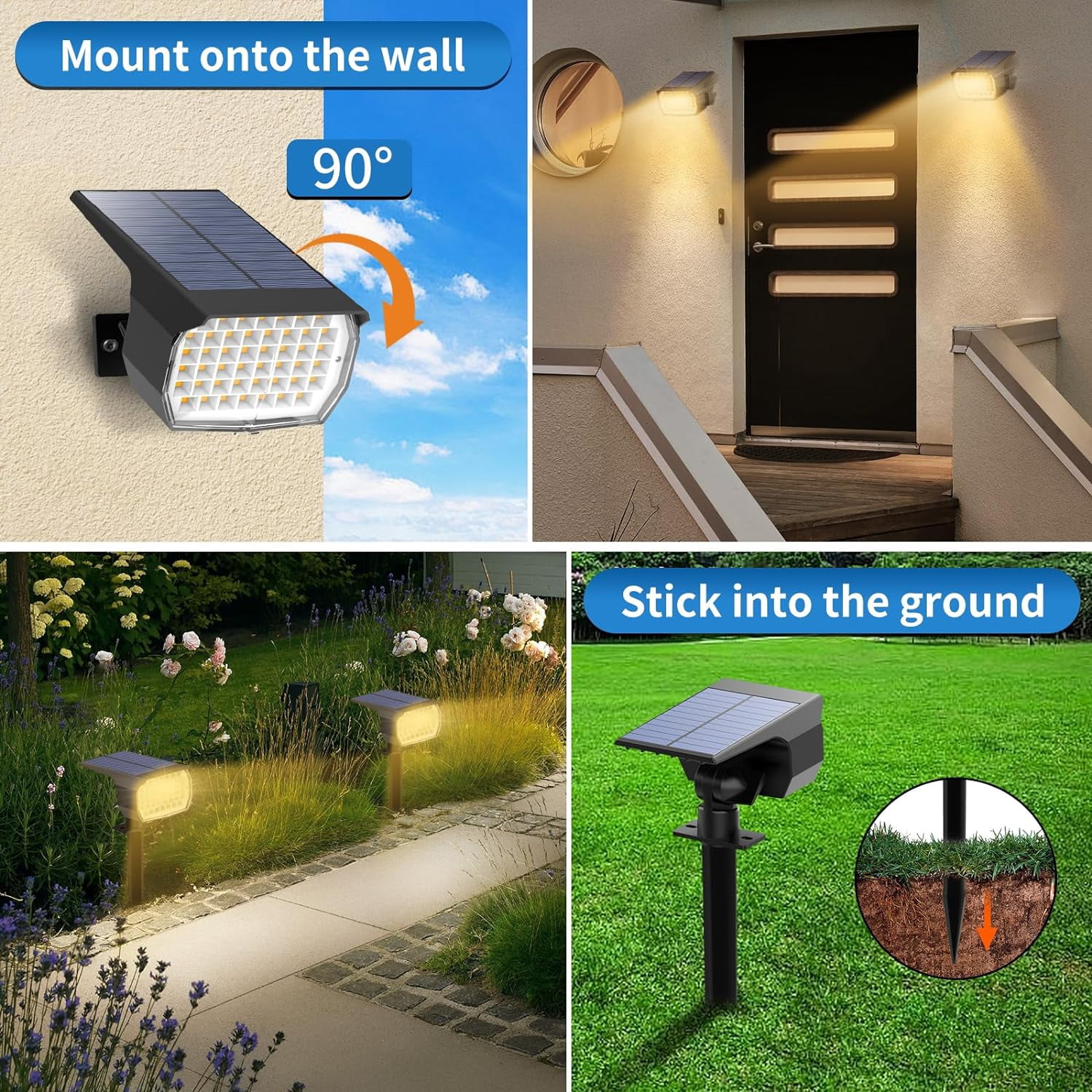 Solar Lights Outdoor, 10 pack, 3 Modes, 2-in-1 Auto On/Off, Waterproof Landscape Solar Spotlights for Yard, Garden, Wall, Pathway - Warm White