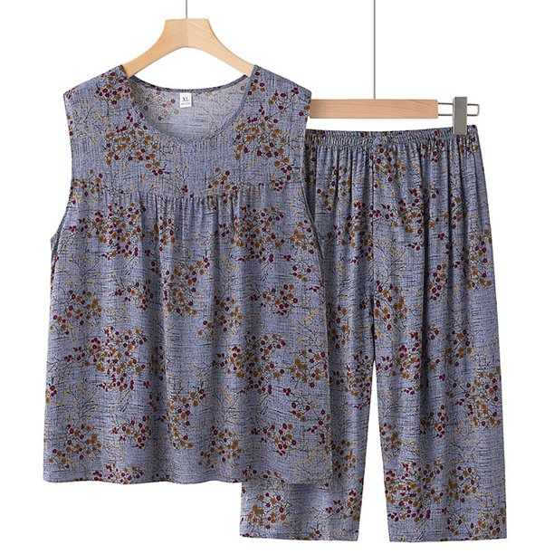 Puntoco Conjunto de dos piezas de verano para mujer, sin mangas, cuello redondo, tops estampados, pantalones divididos Puntoco Puntoco-4998