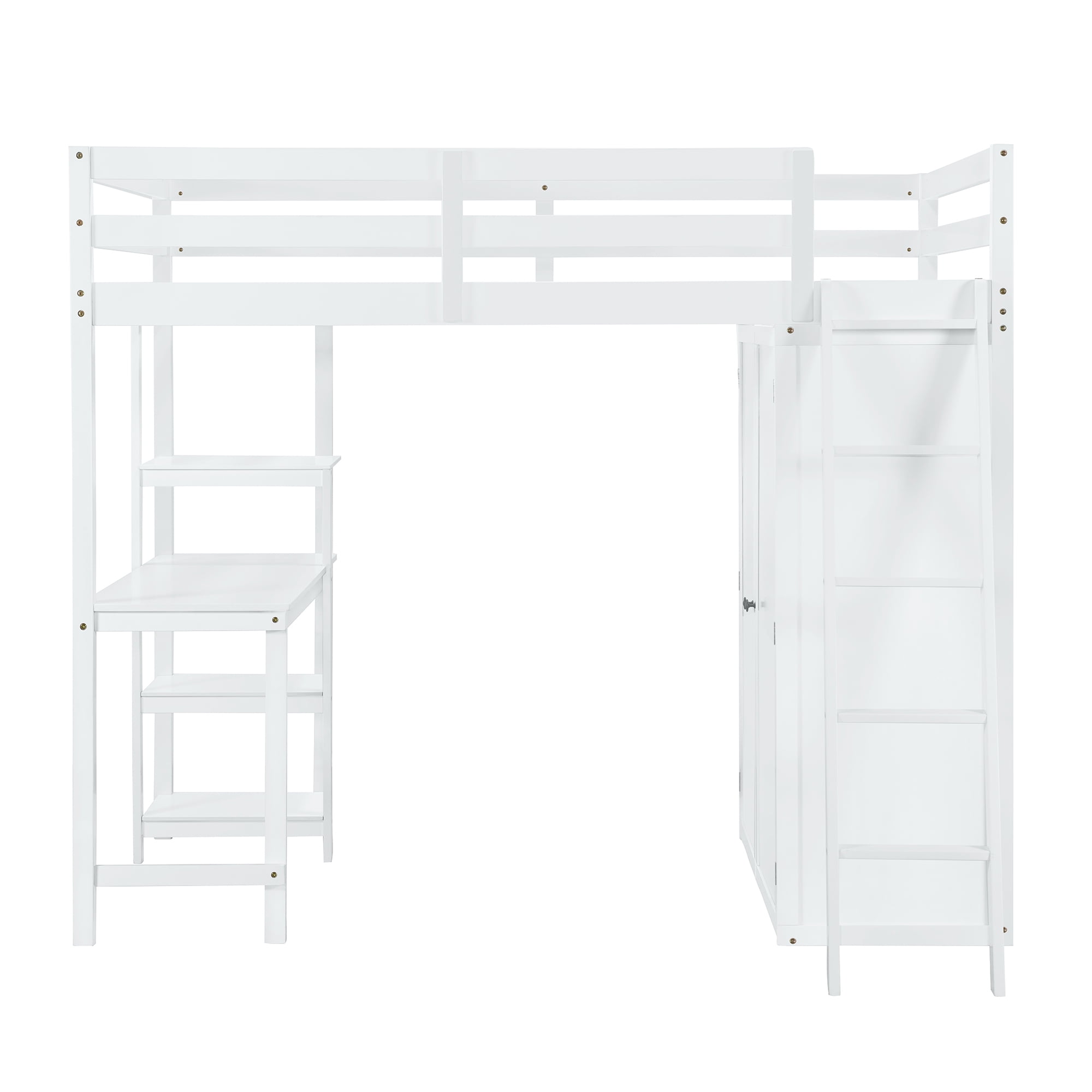 Aukfa Loft Bed with Wardrobe, Wood Full Size Loft Bed with Desk and Shelves for Kids Adults - White