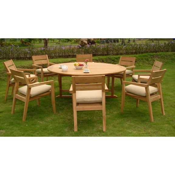 9 PC A Grade Outdoor Patio Teak Dining Set - 72" Round Table & 8 Cellore Stacking Arm Chairs