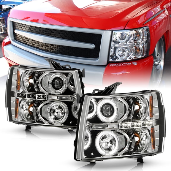 AKKON - For 2007-2013 14 Silverado 1500/ 2500HD/ 3500HD Pickup Chrome Clear [Dual Ring] LED Projector Headlights LH RH Pair