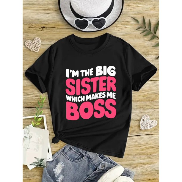Girls' Casual Cotton Round Neck Short Sleeve T-Shirt, "I'm The Big Sister Which Makes Me Boss" Graphic Tee