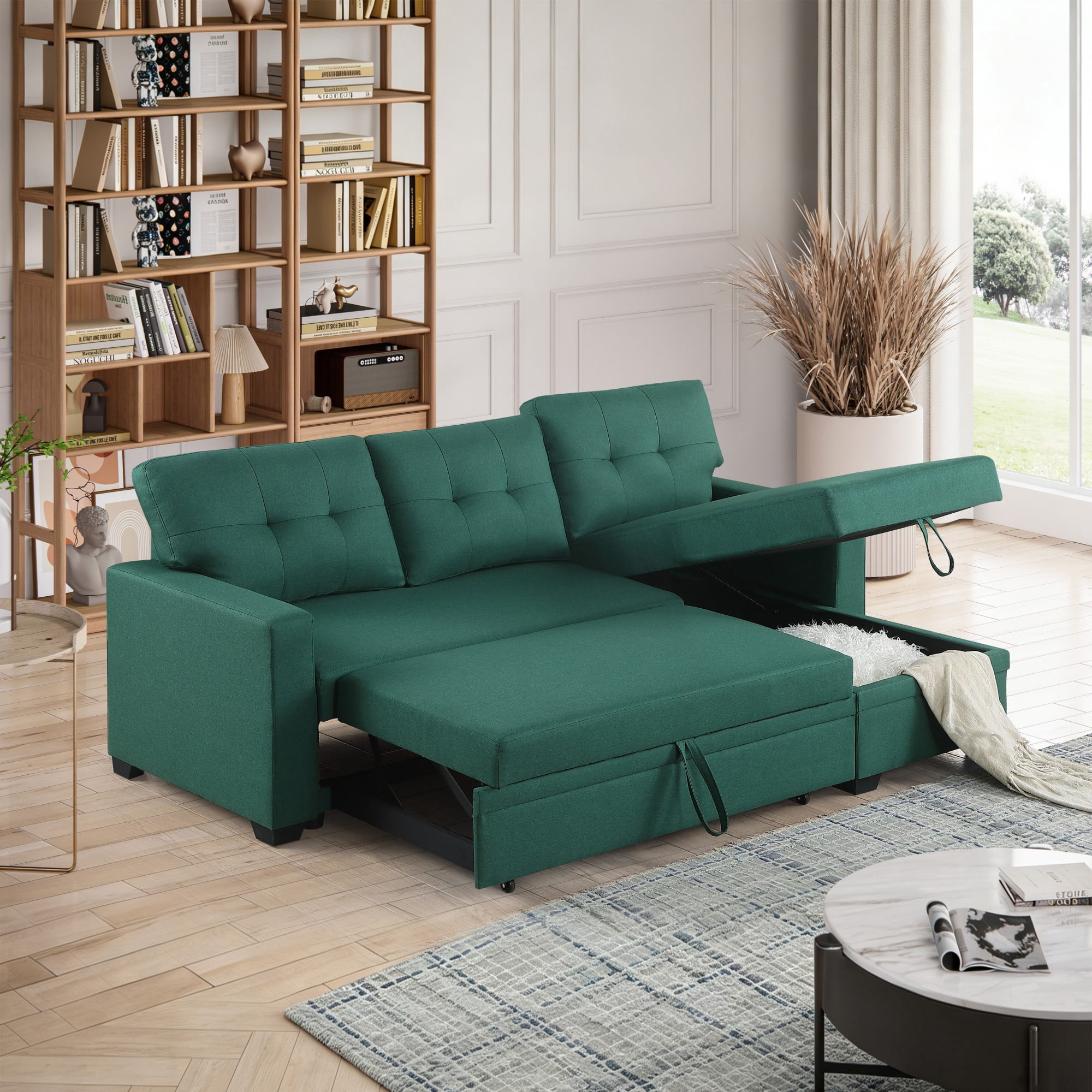BSHTI 82" 3-Seat Linen Pull Out Sectional Sleeper Sofa with Storage Chaise, Removable Back Cushions for Living Room（Green）