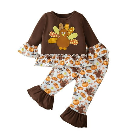 

Sobgg25 Toddler Girls Long Sleeve Thanksgiving Day Tops Cartoon Prints Bell Bottoms Pants Outfits Size 12-18 Months