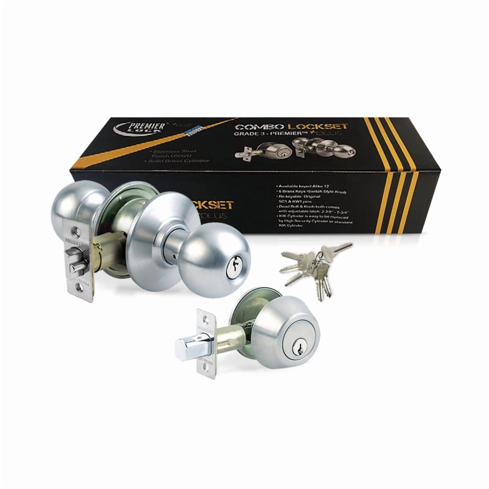 Stainless Steel Grade 3 Combo Lock Set with Entry Door Knob and Deadbolt With 6 SC1 Keys - Boxed Keyed Alike