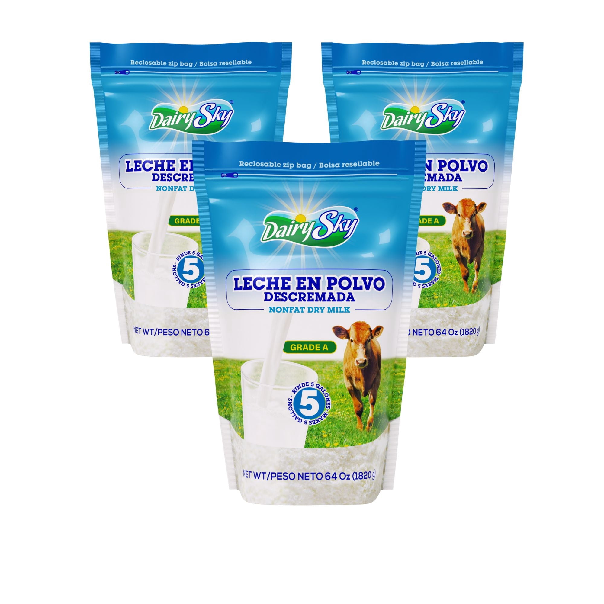 DairySky Nonfat Dry Milk Powder 64 oz | Leche en Polvo Descremada | Grade A Skim Milk Powder, Dry Milk, Resealable Pouch ( pack of 3)