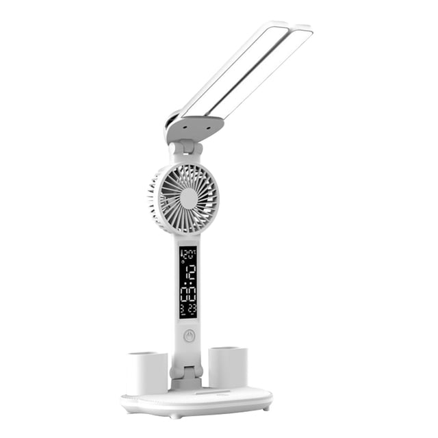 Lámpara de mesa LED de escritorio con ventilador, pantalla de reloj, fecha y temperatura, portalápices 3 Recargable 3200mAh