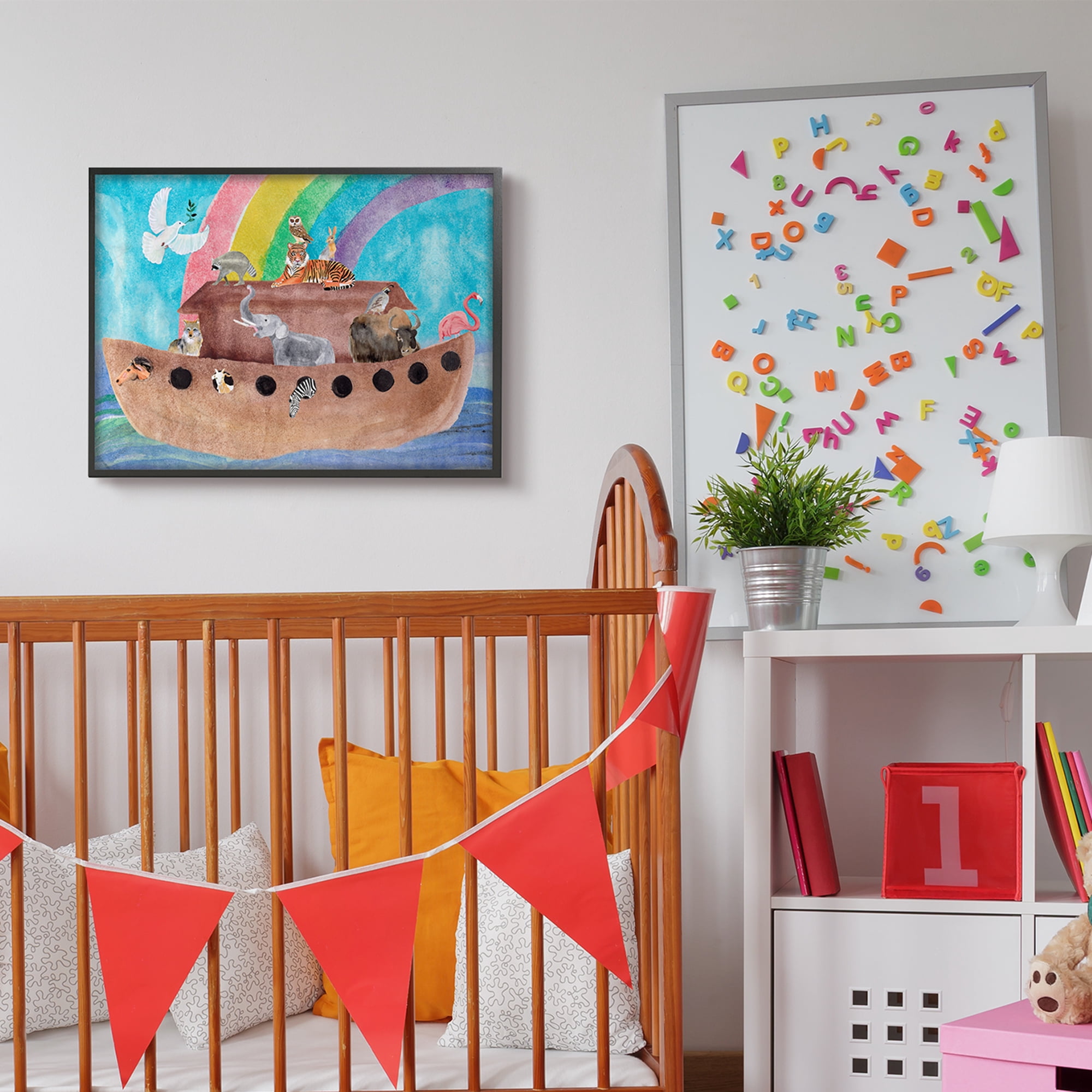 Stupell Industries Cute Animals Watercolor Noah's Ark Under Rainbow Black Framed by Alica Ludwig