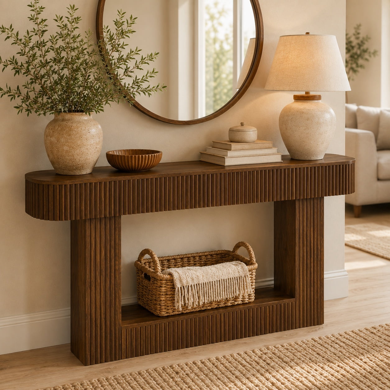 Aukfa 63" Fluted Console Table, Modern Farmhouse Entryway Table Narrow Sofa Table Behind Couch, Walnut