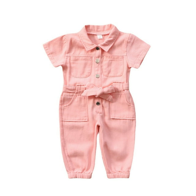 WEIYLL Girls Rompers Short Sleeve Solid Color Jeans Outwear Pocket Summer Button Down Collar Pink Baby Overalls for 12-18 Months