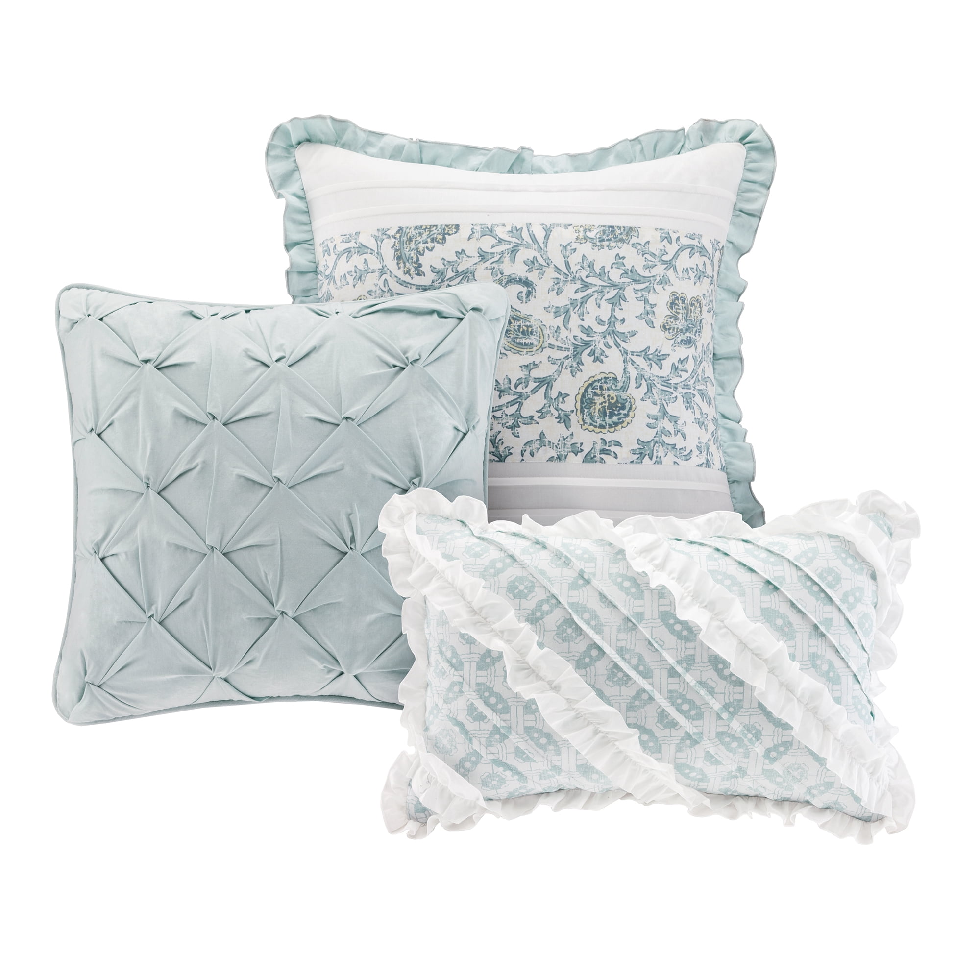 Madison Park King Size Comforter Set with Lace Taping Pintucked, Bedroom, Aqua, 9-Piece