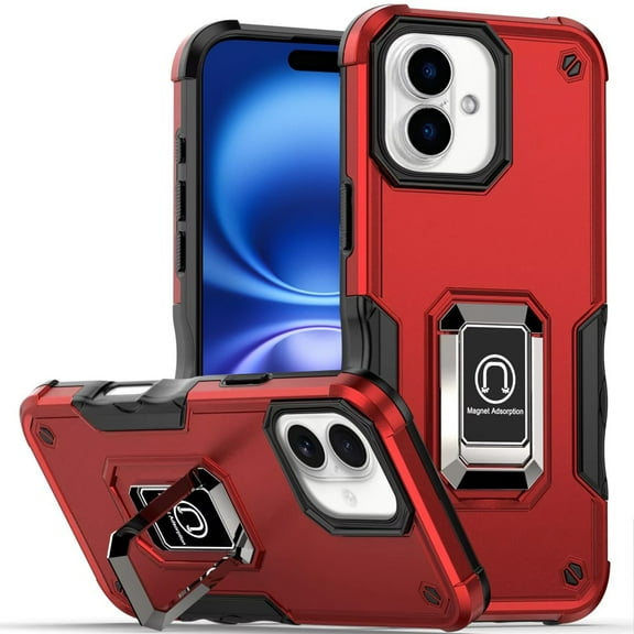 TJS for iPhone 17 Phone Case, [Military Grade] Heavy Duty Magnetic Support Ring Kickstand Cover (Red)
