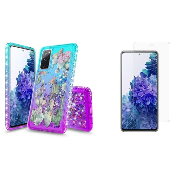 Bemz Liquid Quicksand Case for Samsung Galaxy S20 FE (with 2 Pack of Tempered Glass Screen Protectors and Touch Tool) - Watercolor Cactus (Teal/Purple)