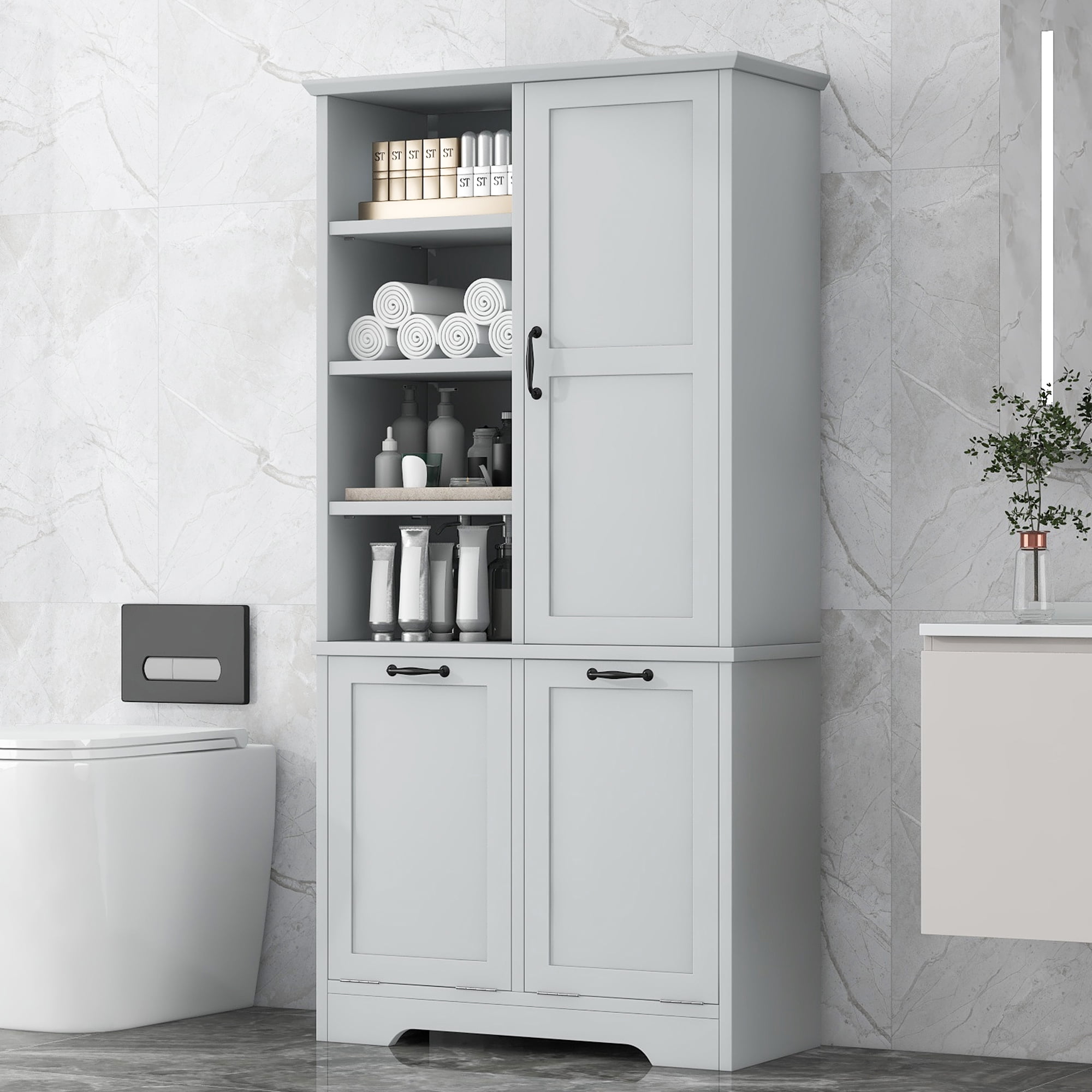 Aukfa Tall Storage Cabinet with 2 Tilt-Out Laundry Baskets,Freestanding Organizer for Bathroom, Laundry Room, Space-Saving Closet,Gray